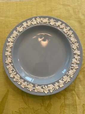 8 Wedgwood Blue Dessert Plates with White Vine Relief Rim Queensware Vintage